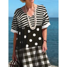 Women Striped Polkadot Plaid Patchwork V-Neck Short Sleeve Dress