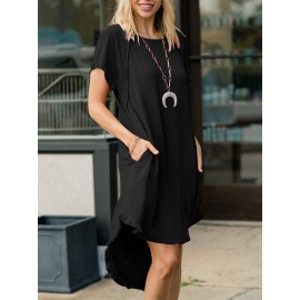 Women Solid Crew Neck Ruffle Trim Casual Short Sleeve Dress