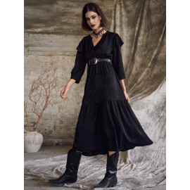 Solid V-neck Tiered 3/4 Sleeve Dress For Women