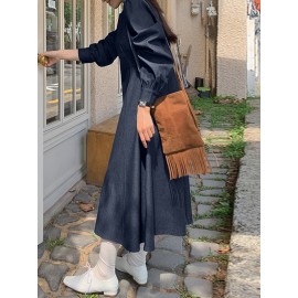 Solid Long Sleeve Casual A-line Denim Dress