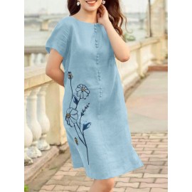 Women Floral Embroidered Crew Neck Casual Short Sleeve Dress