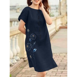 Women Floral Embroidered Crew Neck Casual Short Sleeve Dress