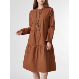 Solid Button Half Placket Long Sleeve Stand Collar Dress