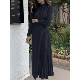 Solid Irregular Pleated Adjustable Belt Long Sleeve Dress