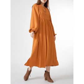 Solid Slit Tie Front Long Sleeve V-neck Casual Dress