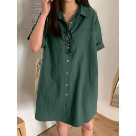 Women Solid Lapel Double Pocket Button Front Shirt Dress