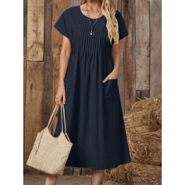 Women Solid Pleated Crew Neck Double Pocket Casual Dress