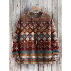 Mens Vintage Ethnic Geometric Pattern Crew Neck Pullover Sweatshirts Winter