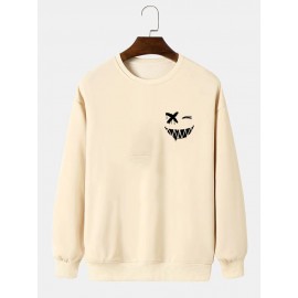 Mens Smile Face Chest Print Crew Neck Pullover Sweatshirts