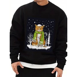 Mens Christmas Snowflake Cat Print Crew Neck Pullover Sweatshirts Winter