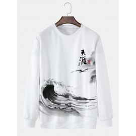 Mens Chinese Ink Painting Print Crew Neck Pullover Sweatshirts Winter