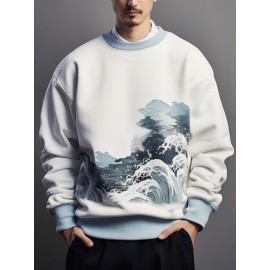 Mens Japanese Wave Ukiyoe Print Crew Neck Pullover Sweatshirts