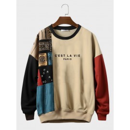 Mens Ethnic Tribal Letter Print Patchwork Crew Neck Pullover Sweatshirts Winter