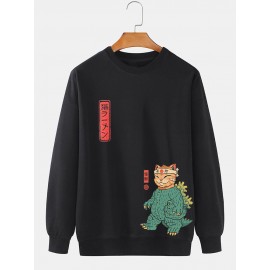 Mens Japanese Cartoon Cat Print Crew Neck Pullover Sweatshirts Winter