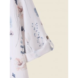 Floral Plant Print Half Button Texture Roll Up Sleeve Shirt