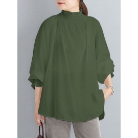 Women Solid Shirred Detail Casual Raglan Sleeve Blouse