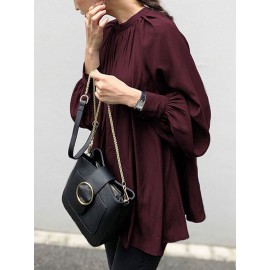 Solid Color Puff Sleeve Stand Collar Blouse