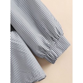 Women Stripe Patchwork Crew Neck Casual Long Sleeve Blouse