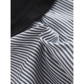 Women Stripe Patchwork Crew Neck Casual Long Sleeve Blouse