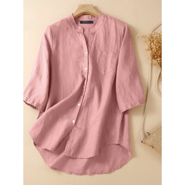 Women Plain Stand Collar Chest Pocket Cotton 3/4 Sleeve Shirt