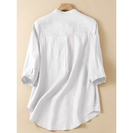 Women Plain Stand Collar Chest Pocket Cotton 3/4 Sleeve Shirt