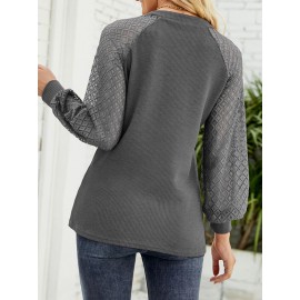 Women Lace Patchwork Knit Notched Neck Long Sleeve Blouse