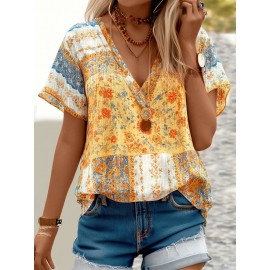 Women Ethnic Vintage Print V-Neck Short Sleeve Blouse