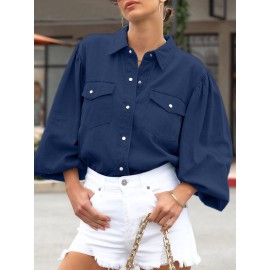 Women Solid Lapel Flap Pocket Long Sleeve Denim Shirt