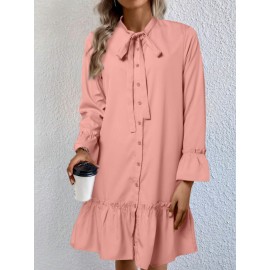 Women Ruffle Trim Tie Neck Plain Long Sleeve Shirt