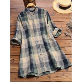 Vintage Print Plaid Multicolor Long Sleeve Button Blouse
