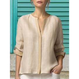 Women Plain Notched Neck Casual 3/4 Sleeve Blouse