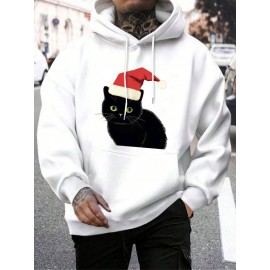 Mens Christmas Hat Cat Graphic Kangaroo Pocket Drawstring Hoodies Winter