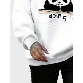 Mens Cartoon Panda Letter Print Kangaroo Pocket Drawstring Hoodies Winter