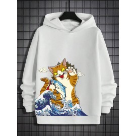 Mens Japanese Wave Cat & Fish Print Long Sleeve Hoodies Winter