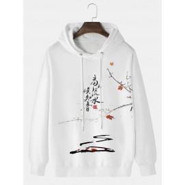 Mens Chinese Character Ink Print Loose Drawstring Hoodies Winter