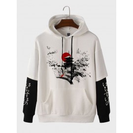 Mens Japanese Landscape Print Contrast Patchwork Drawstring Hoodies Winter