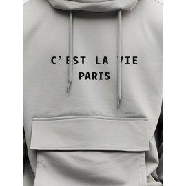 Mens Letter Print Flap Pocket Casual Drawstring Hoodies Winter