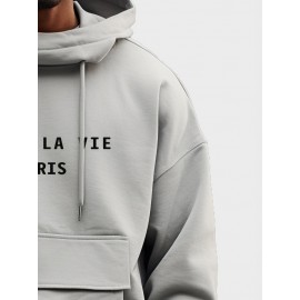 Mens Letter Print Flap Pocket Casual Drawstring Hoodies Winter